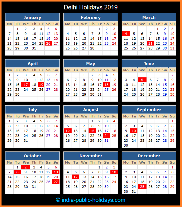Delhi Holiday Calendar 2019